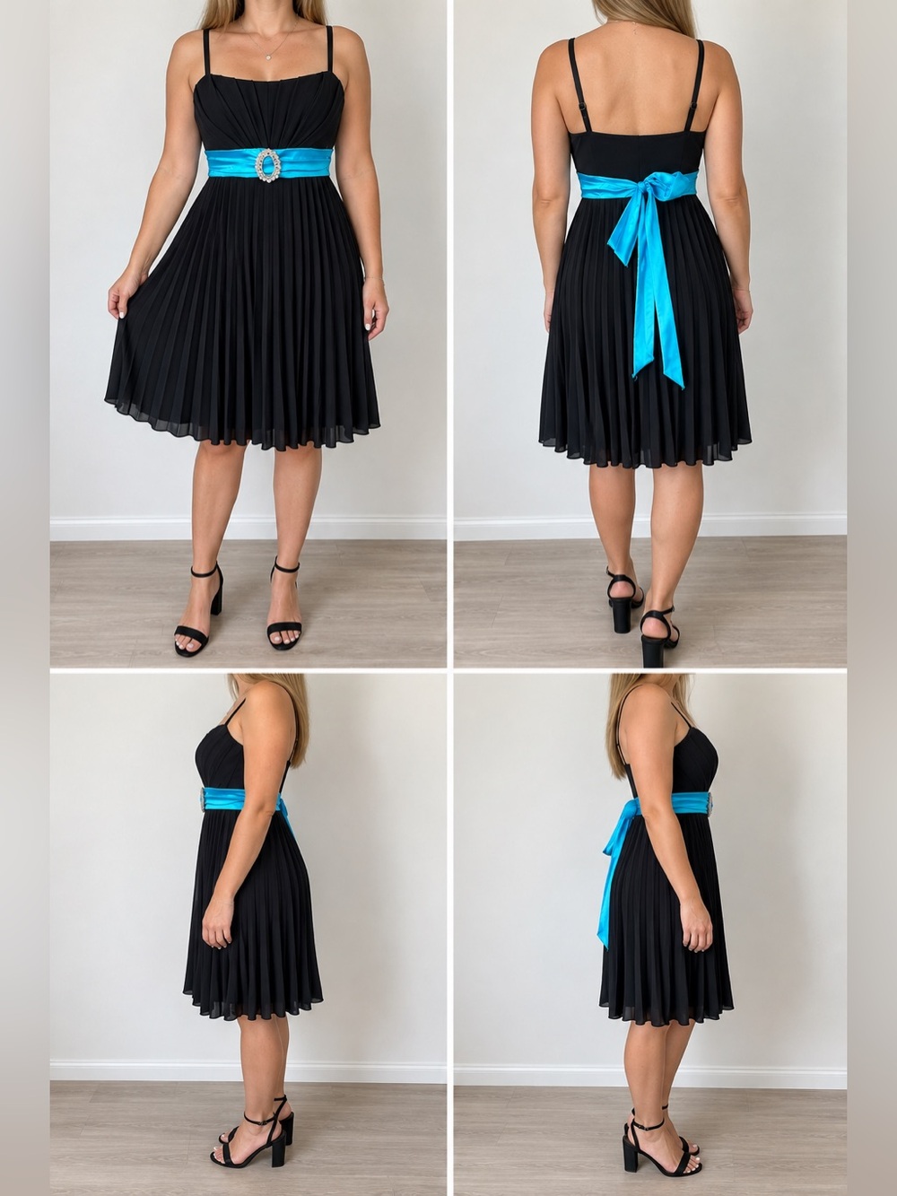 Vintage Y2K Taboo Black Pleated Dress Turquoise Rhinestone Size S Made in USA